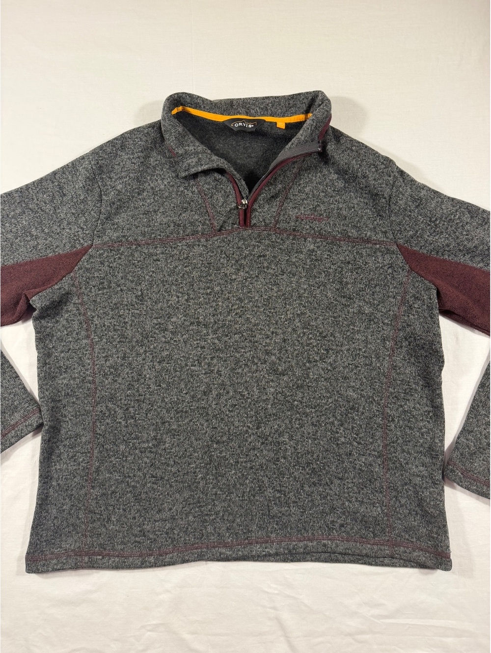 Orvis Men's Gray and Burgundy Quarter Zip Pullover Sweater XL